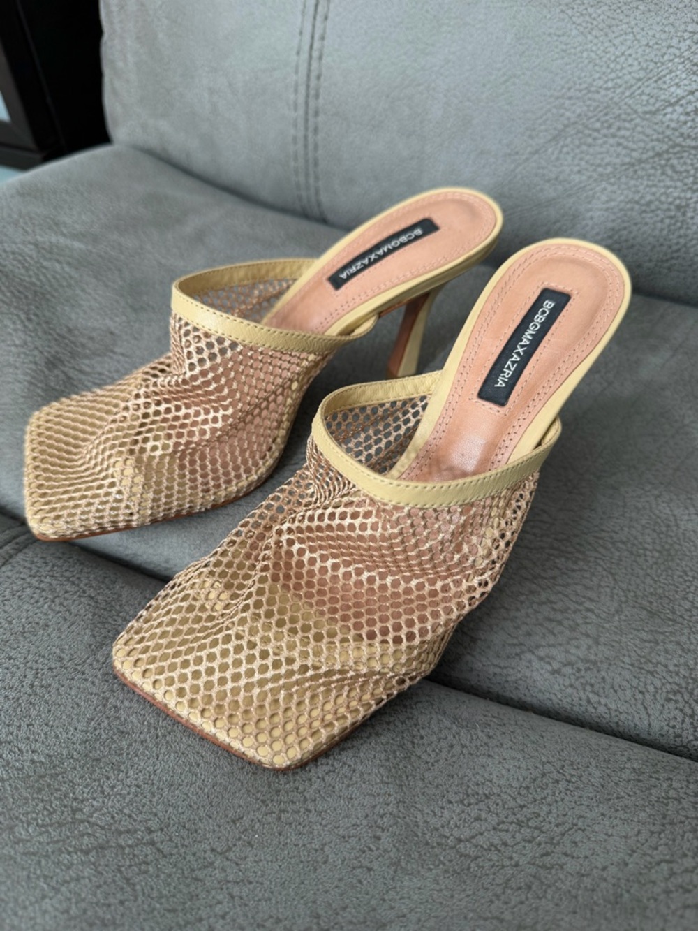 BCBGMaxAzria Gold Mesh Square-Toe Mule Heels